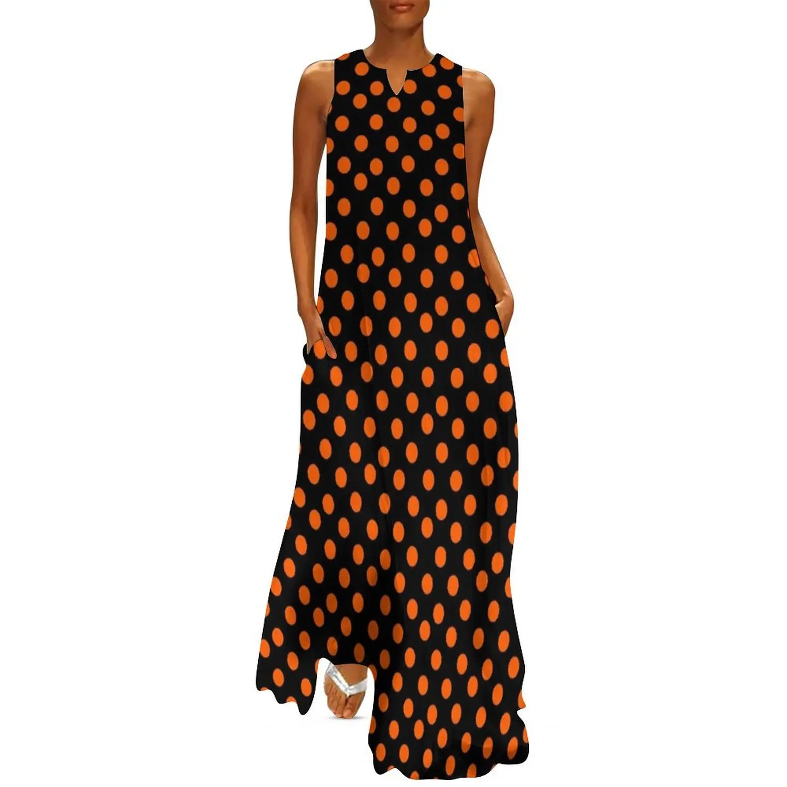 

Orange on Black Polka Dots Long Dress loose summer dress elegant party dress for women 2024 women"s clothing trend 2024