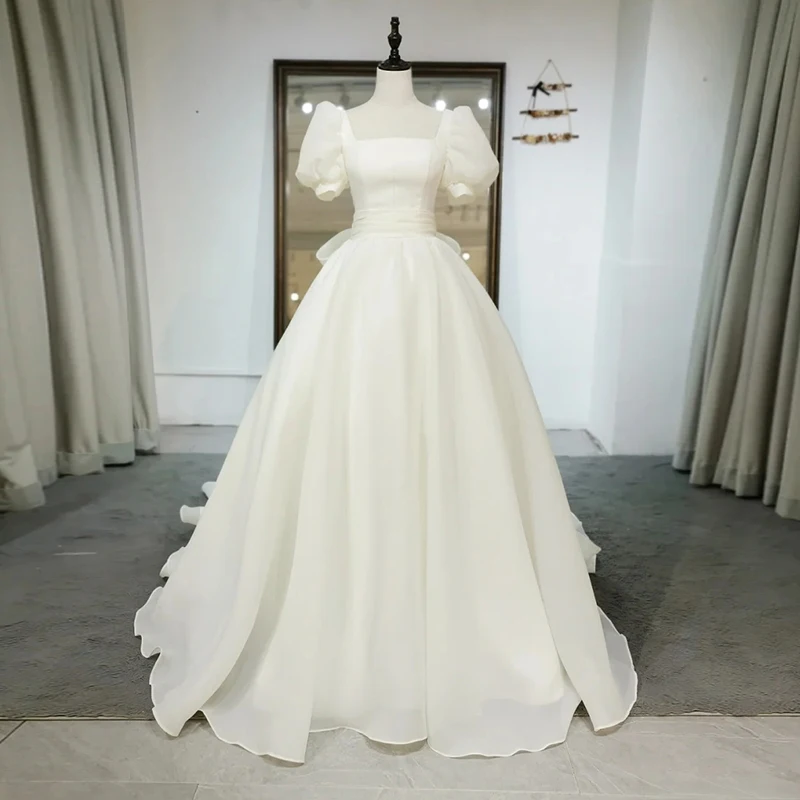 Korea Stijl Vierkante Hals A-lijn Puffy Mouwen Organza Backless Met Bow Kapel Train Lace-Up Trouwjurk Jurk Bridal jurk