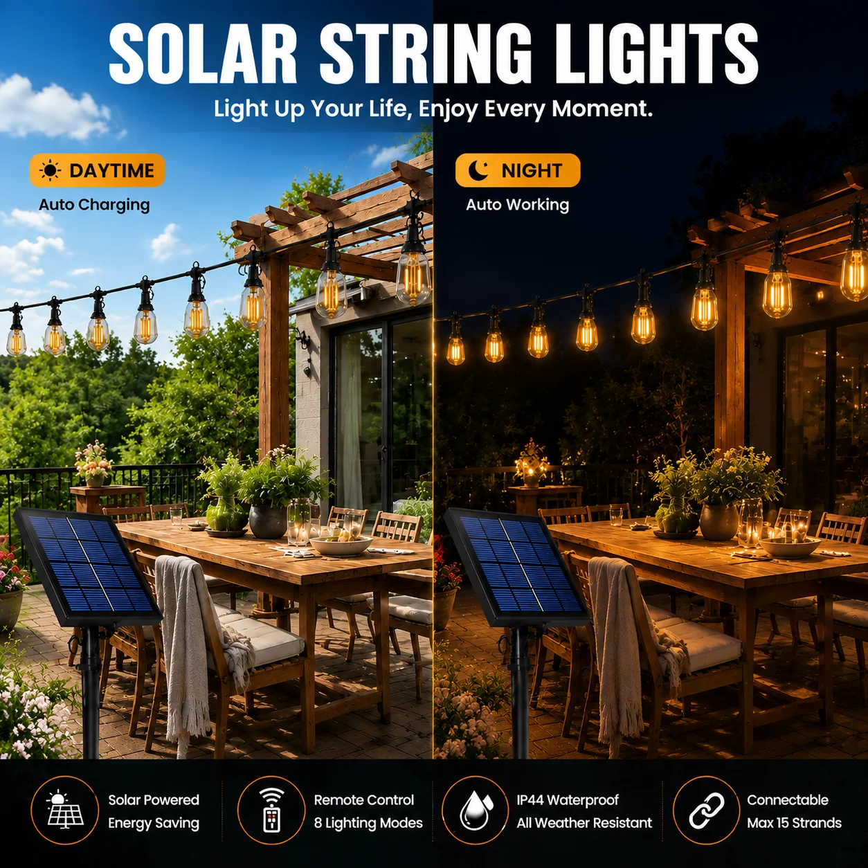 Outdoor Solar String Light Waterproof E12 Glass T22 Amber Bulbs 1W LED Retro Patio Lights for Outside Backyard Bistro Garden