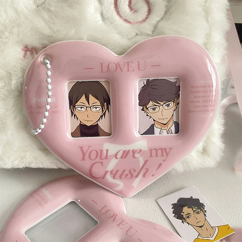 Zoete Foto Kaarthouder Anti-Verloren Sleutelhanger Dubbele Sleuf 1 Inch Foto Beschermhoes Hartvormige Kaart Mouw Tas Hanger