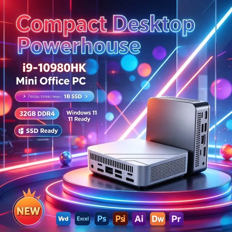 Portable Compact Silver Mini Desktop PC Intel Core I9‑10980H 16GB 2TB SSD WiFi6 Windows 11 Mini PC for Home Office Gaming Study