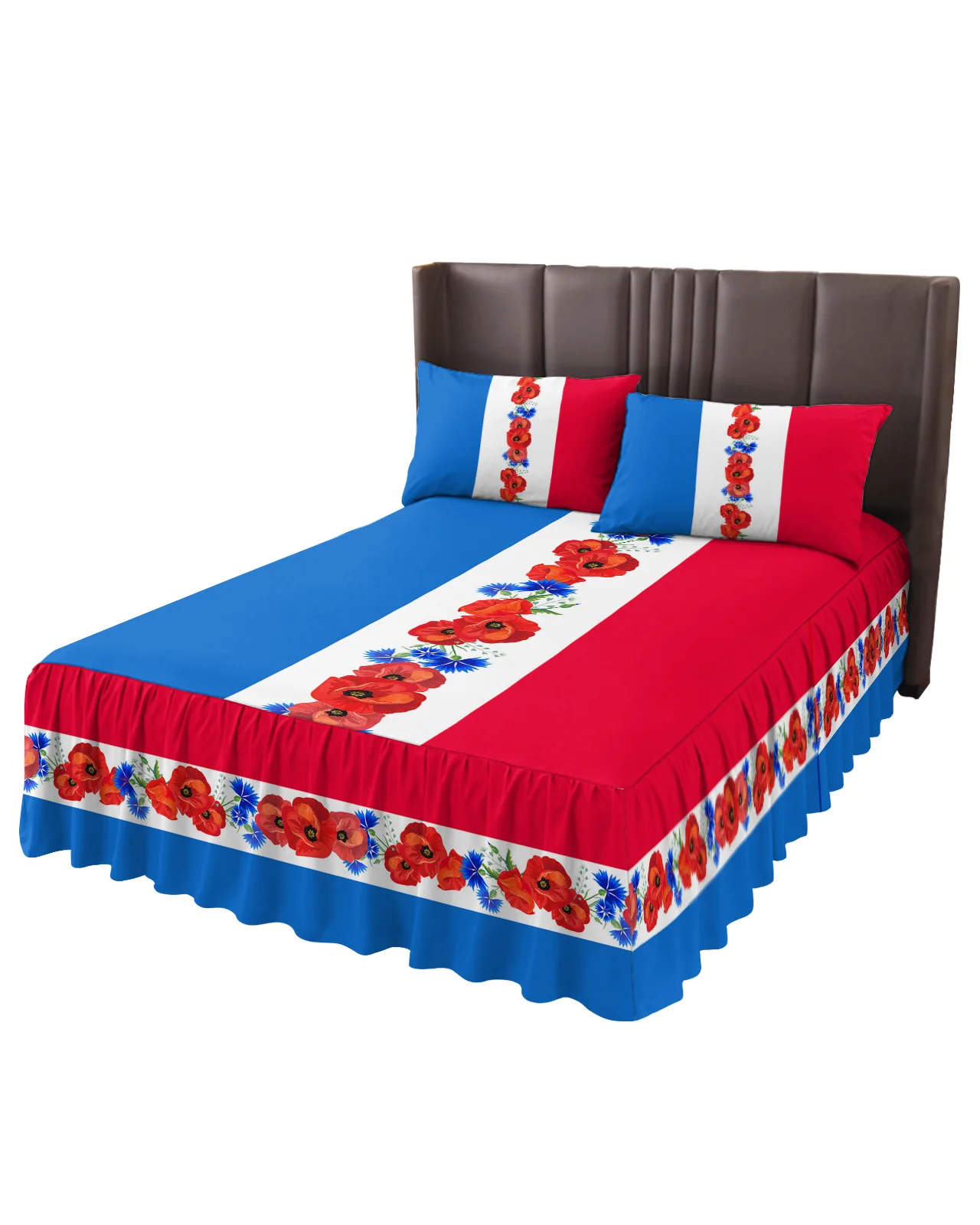 Blue White Red Poppy Flower Bed Skirt Elastic Fitted Bedspread With Pillowcases Mattress Cover Bedding Set Bed Sheet