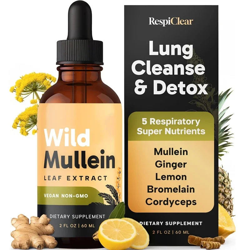 60ML All Natural Mullein Drops with Ginger Lemon for Lung Cleanse and Detox Mullein Leaf Extract for Respiratory Lung Health