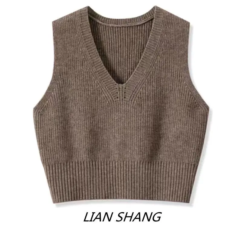 Loose Women's Short Vest Top Autumn Winter Casual College Style Sweater Base Layer Knitted Shirt Versatile Brand Buckle