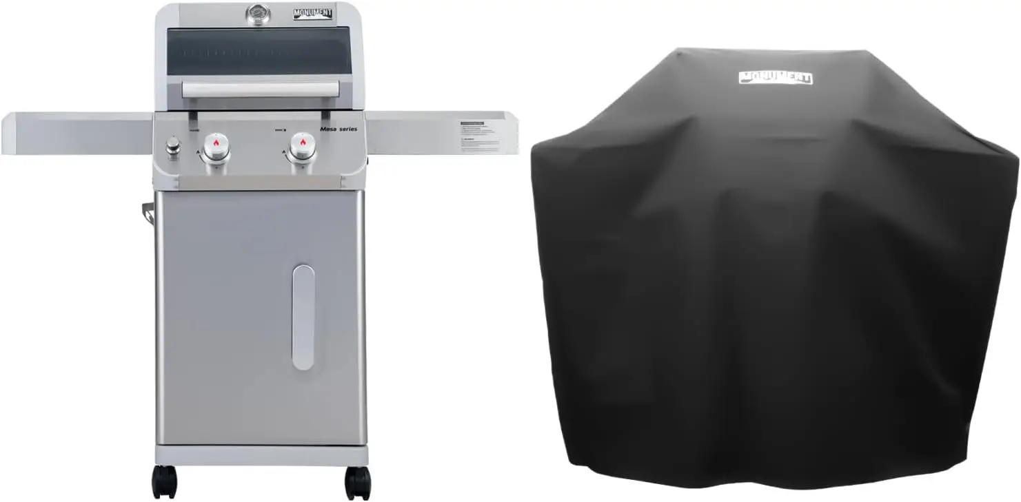 

Stainless Steel 2-Burner Liquid Propane Gas Grill with Two Foldable Shelves, Knob Control, Lid, and BBQ Cover for Patio Garden Barbecue