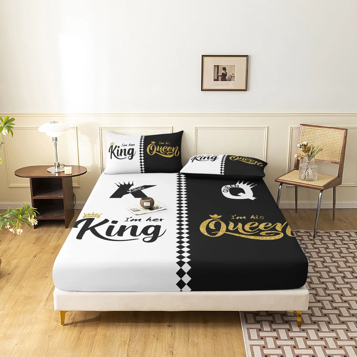 Conjunto de 3 Peças de Lençol com Estampa de Rei e Rainha, Lençol Preto e Branco com Texto de Coroa Dourada, Para Decoração de Quarto de Casal