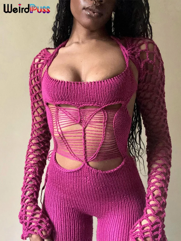 Weird Puss Knit Women Jumpsuit Women Stretch Fake Two Hollow Long Sleeve 2024 Summer Bandage Backless Clubwear Workout Overalls