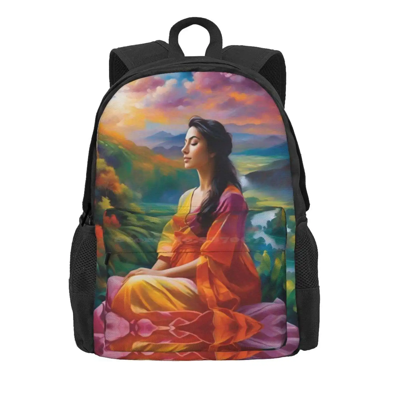 Contemplating The Eternal Hot Sale Schoolbag Backpack Fashion Bags Fantasy Landscape Nature Woman Colorful Vibrant Detailed