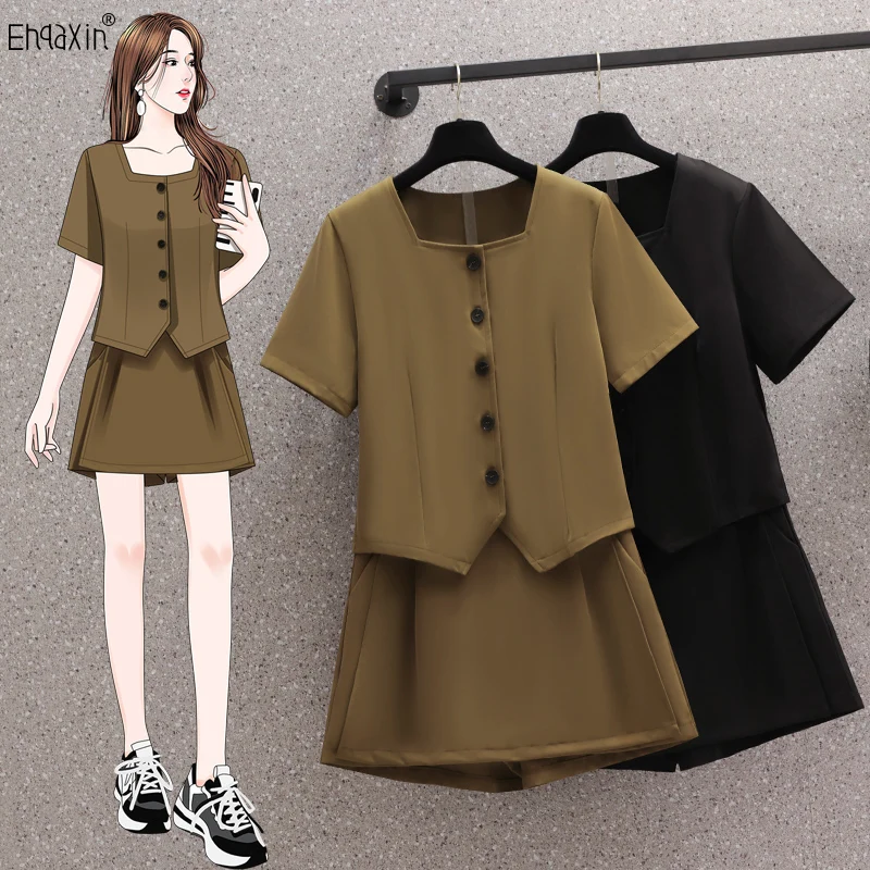 

EHQAXIN Summer Women's Dress Sets Fashion 2023 New French Buttons Square Neck Shirts +Simplicity Loose Skirt Two Piece Set M-4XL