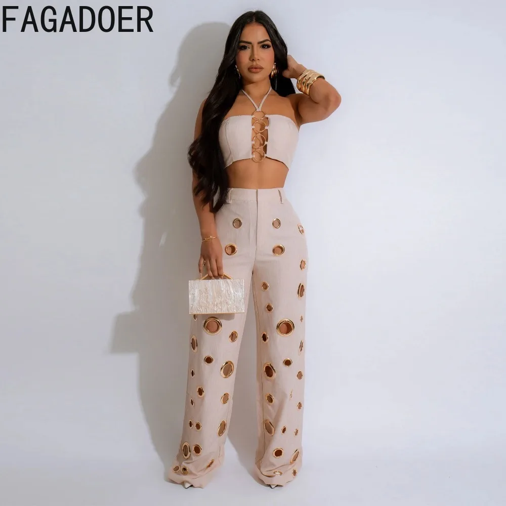 FAGADOER-Haut court et pantalon à jambes larges et dos nu pour femme, ensemble deux pièces sexy, streetwear