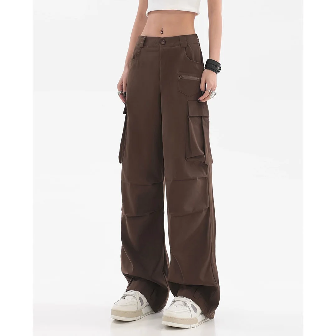 

Brown Cargo Pants for Women Summer High Street Casual Denim Trousers High Waist Loose Straight Sweatpants Female Wide Leg Pants