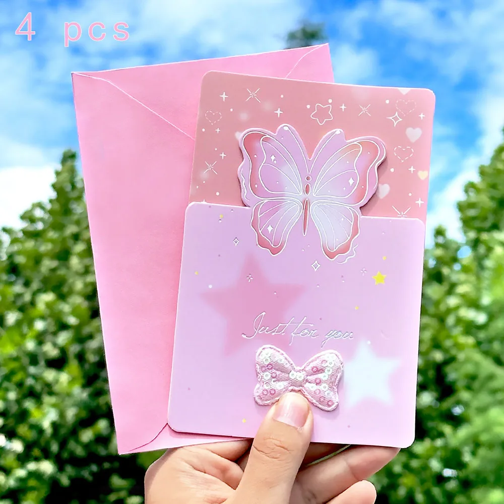 

4 pcs Butterfly shaped greeting card, exquisite message envelope, postcard, bow, three fold discount card