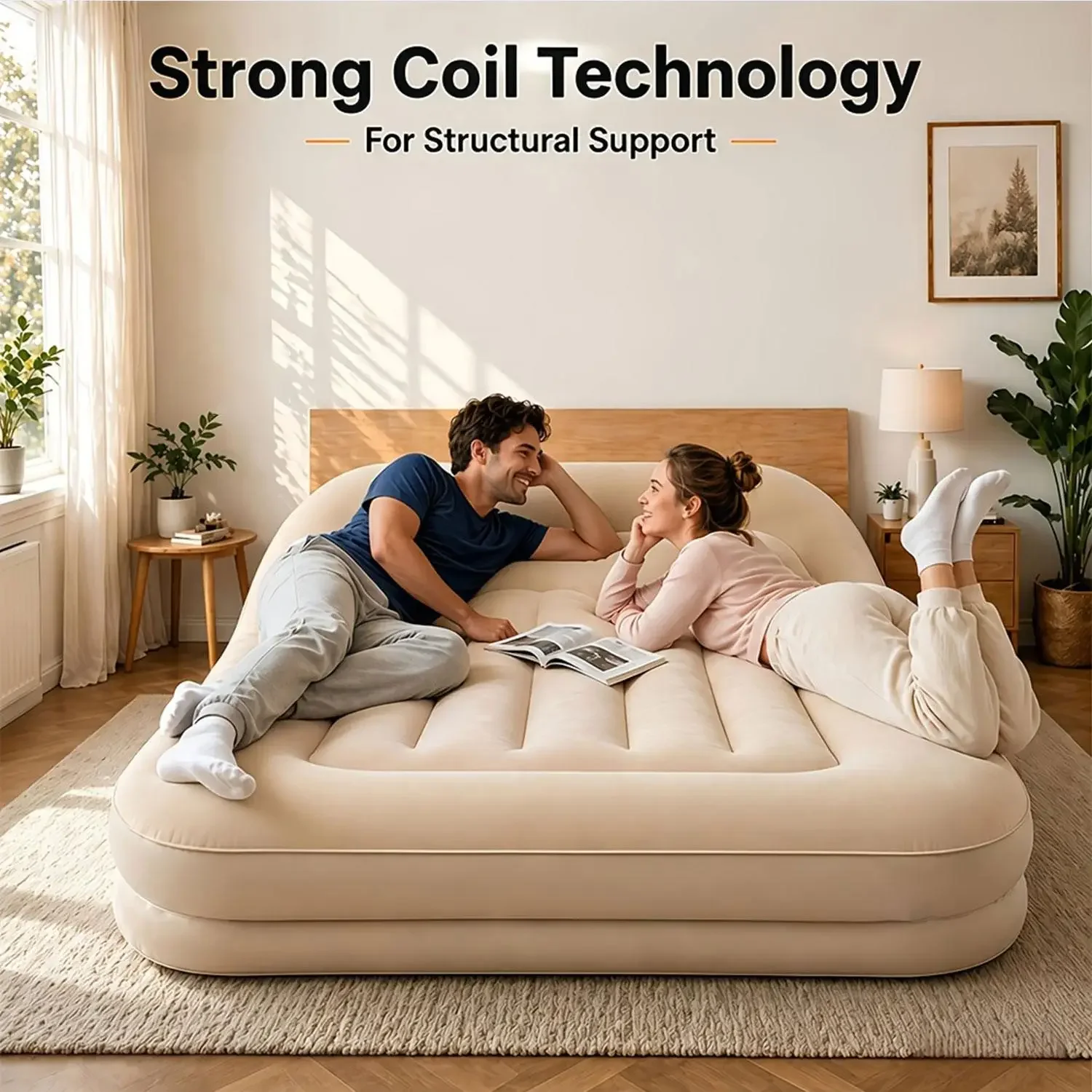3-In-1 Convertible Sleeper Sofa Bed Heavy Duty Flocked Inflatable Air Couch Built-in Backrest Waterproof Foldable Mattress Portable Furniture with Air Pump for Indoor Bedroom Living - view 4