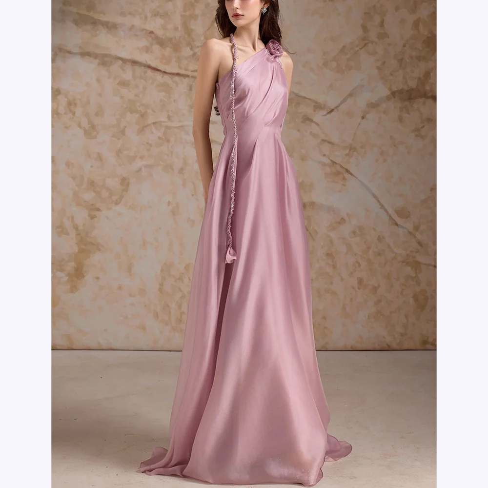 

Новый дизайн, вечернее платье на одно плечо, плиссированные цветочные вечерние платья без рукавов, длиной до пола, современный стиль, коктейльные платья для выпускного вечера