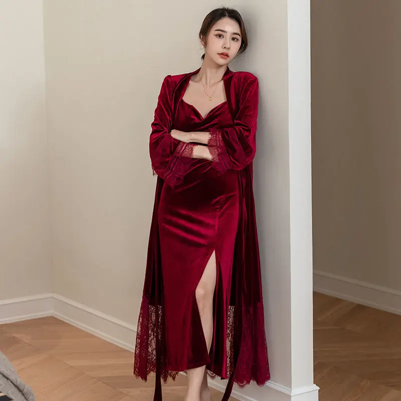 Long Sleeve V-neck Camisole Nightgown 2-piece Set Robe Solid Velvet Sleepwear Dress Wine Red Sexy Slit Lace Up Cardigan Pijama