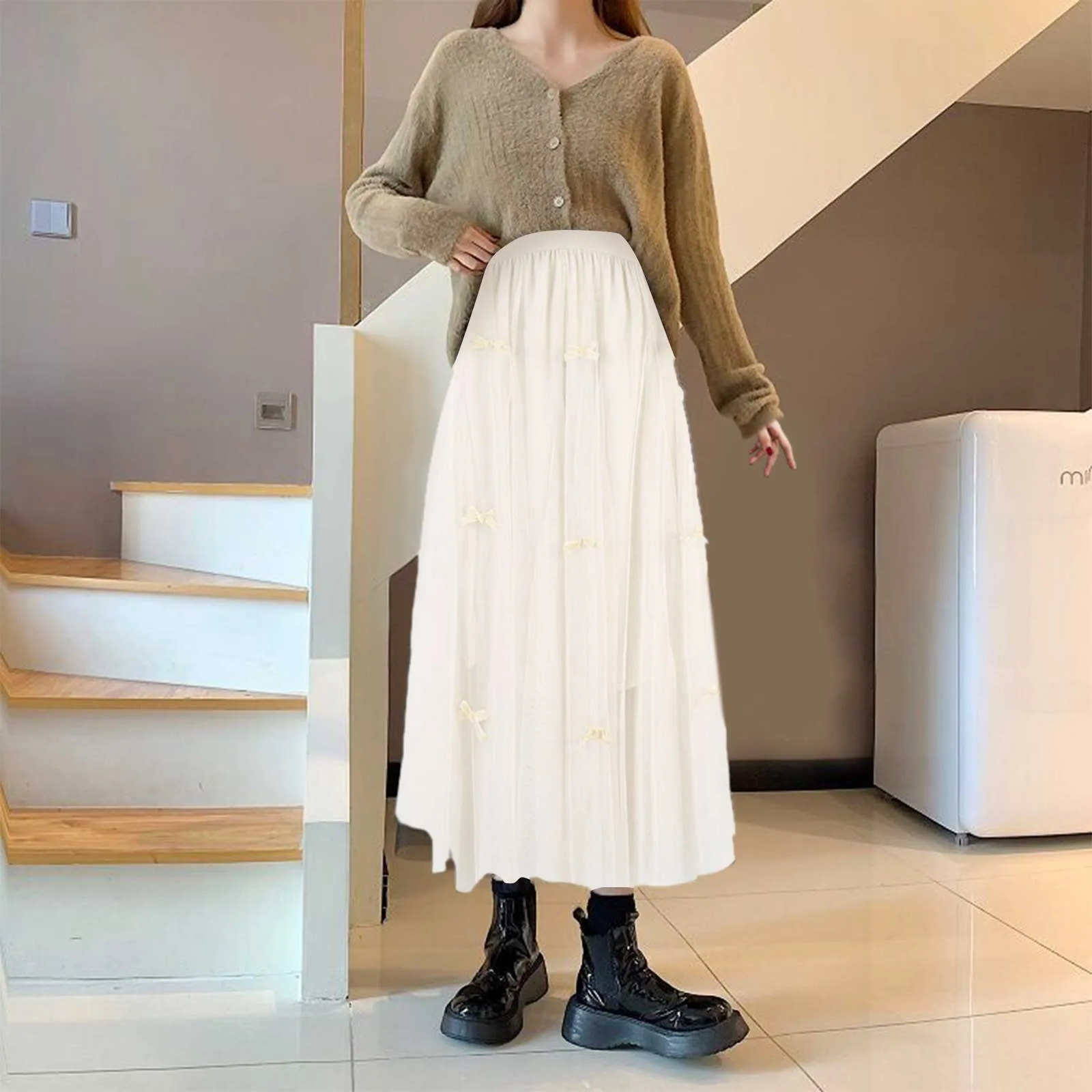 Women's Elegant High Waisted Mesh Half Length Skirts Solid Color Bow Middle Length Temperament A-line Skirt For Women