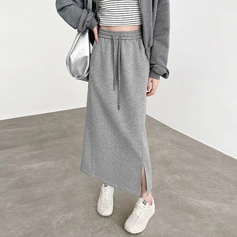 Summer Women Fashion Designer Side Slit Skirts Lady Solid High Waist Midi Skirts Girls Classic Korean Thin A-line Dress