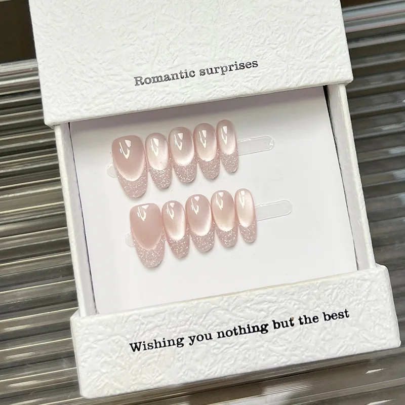 

10 штук французских накладных ногтей с эффектом битого стекла, сверкающие стеклянные бусины, эффект кошачьего глаза, ручная работа, с кристаллами цвета румян, многоразовые