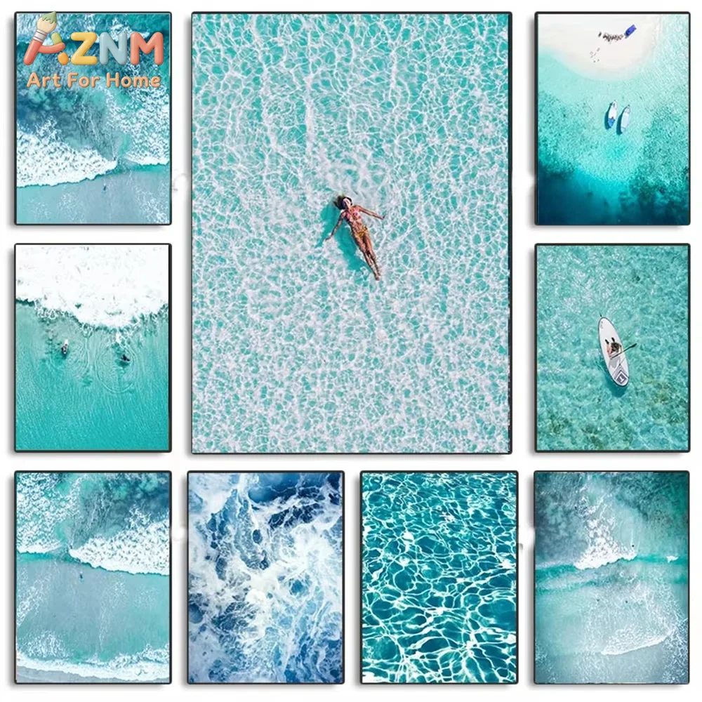 AZNM  Beach Blue Ocean Wave Sea Water Surf Posters And Prints Coastal Seascape Painting Wall Art Picture Living Room Home De