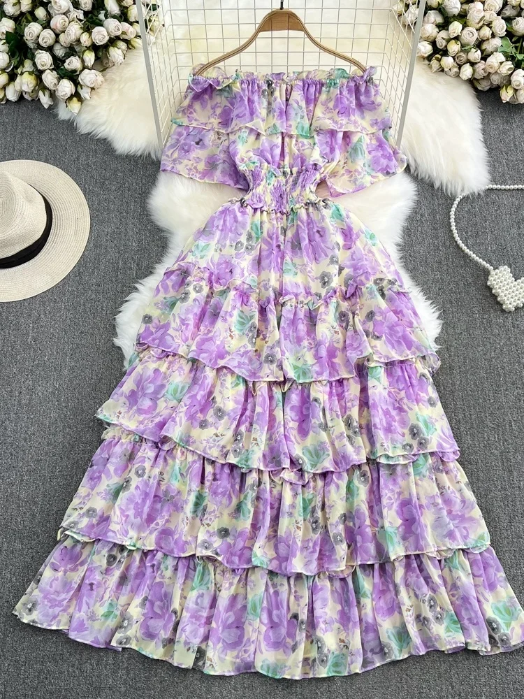 

Beach Vaion Floral Cake Skirt Dr oulder Bared A-Line Summer Korean Sle High Waist Bubble Sve Midi Dr