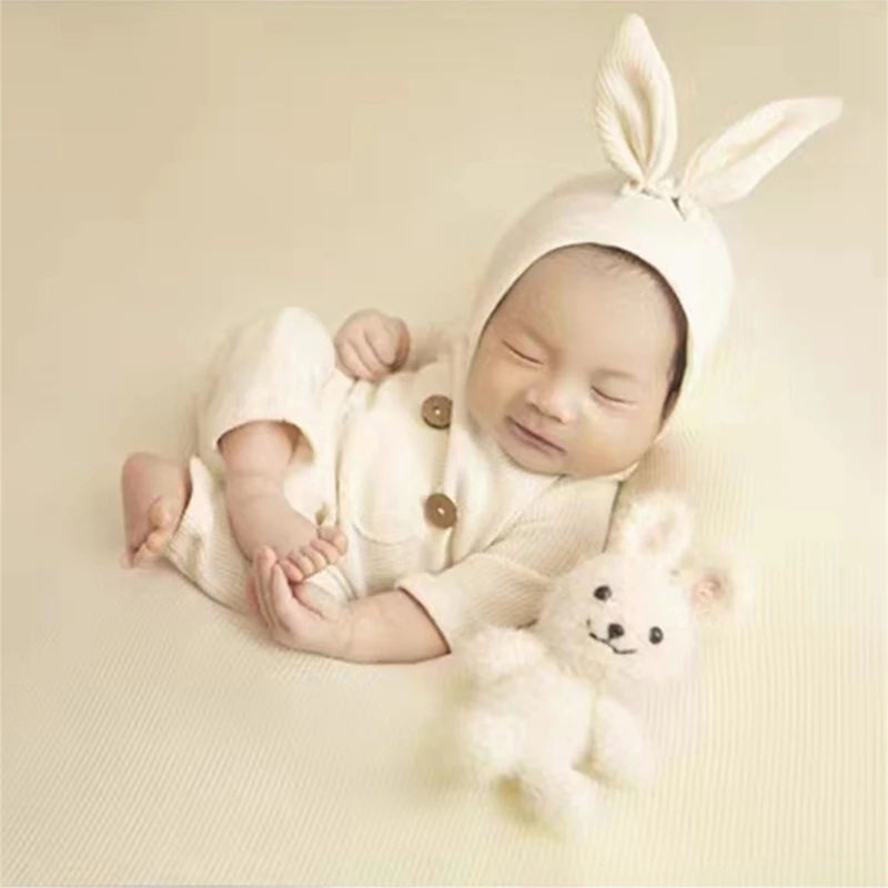 Newborn Photography Props Boys Girls Outfits Knitted Hat with Romper Bodysuit Photoshoot Costume Set 3-piece/set