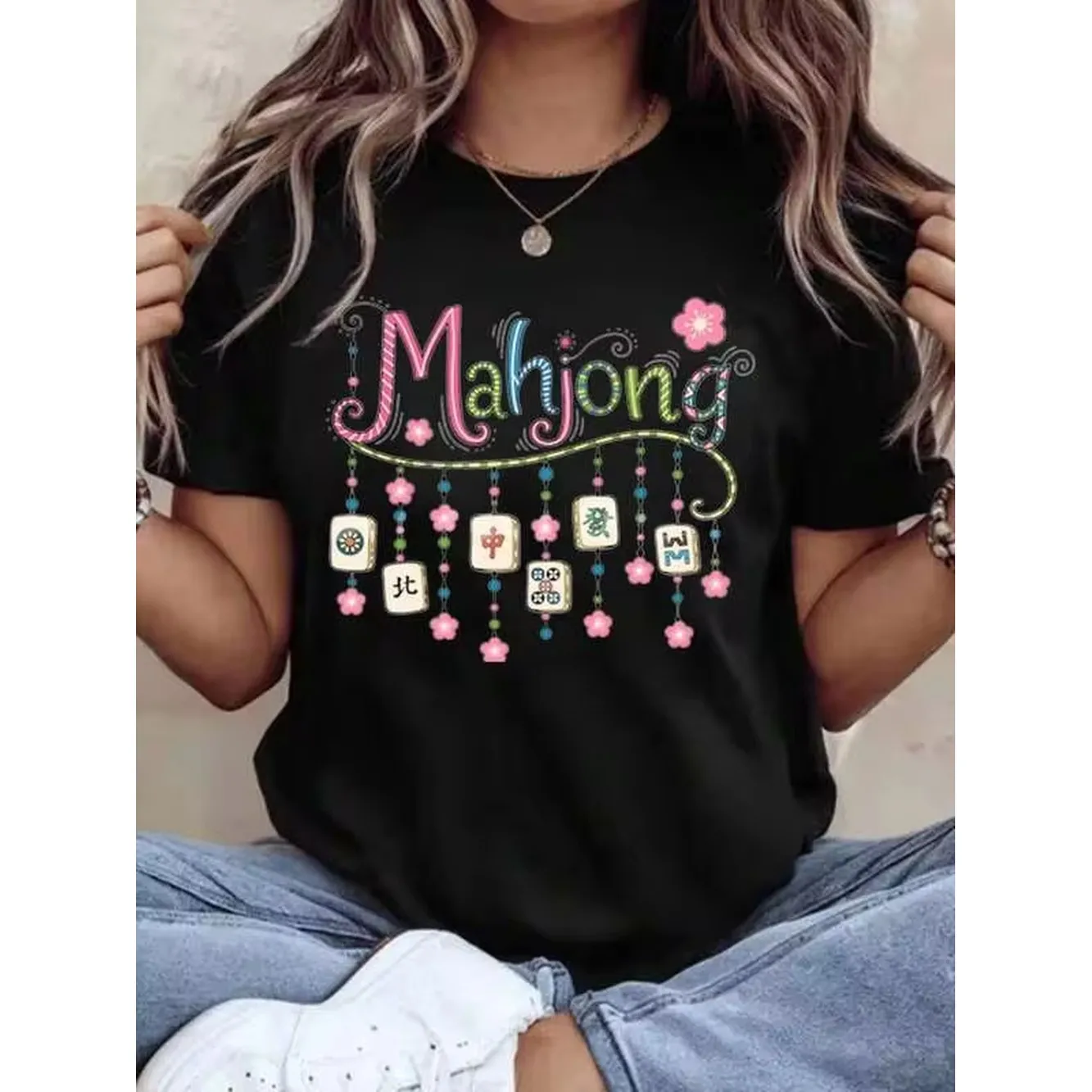 Mahjong Tile Design T Shirt Women Casual Fashion Graphic Tee With Chinese Characters And Flowers For Game Lovers And Cultural Enthusiasts Perfect For Casual Wear And Mahjong Events,220g