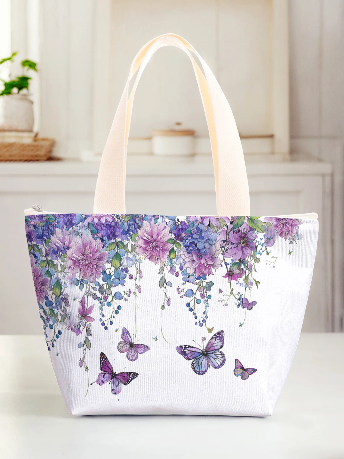 Watercolor Purple Flower Butterfly Insulated Lunch Tote Bag Zipper Portable Thermal Cooler Bag For Work School Picnic Daily Use