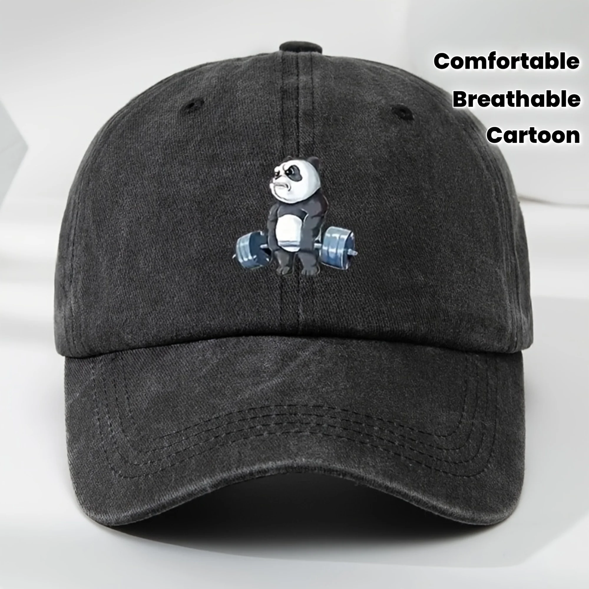 

Cartoon Panda Print Baseball Cap, Washed Distressed Classic Flat Brim Hat, Soft Top Comfortable Moisture-Wicking Breathable Cap