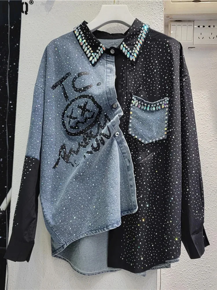 [EWQ] High Street Beading Diamond Patchwork Black Denim Shirt Y2K Fashion Loose Casual All Match Blouse 2024 Spring Autumn U7602