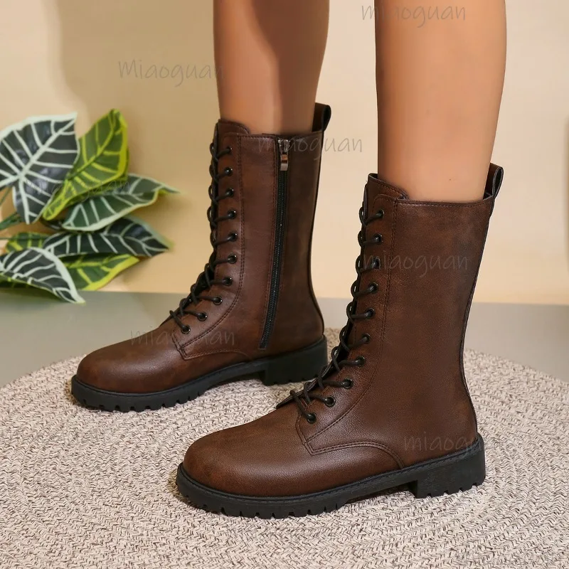 Pu Leather Lace-up Fashion Brown Mid-Calf Boots for Women Spring Autumn Anti-slip Side Zipper Western Short Boots Women's Shoes