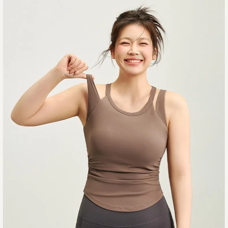 Brown Round Neck Yoga Vest Women Thin Strap Ruched Hem Shockproof Stretchy Training Hip Length Tops Sleeveless Camisole Crop Top