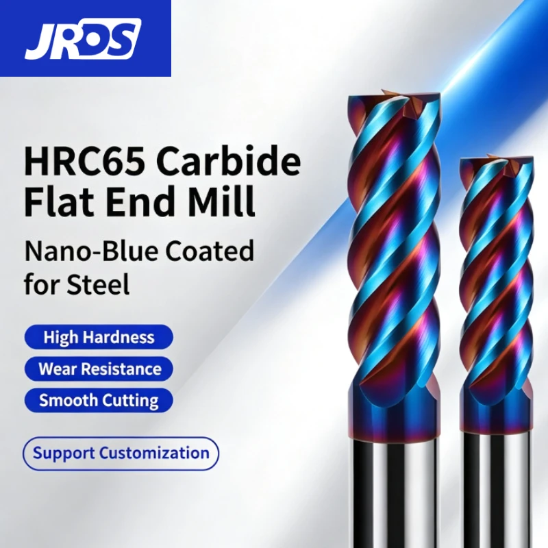 JRDS HRC65 4‑Flute Nano‑Blue Coated Carbide Flat End Mill CNC Tool for Cast Iron,Stainless & Alloy Steel