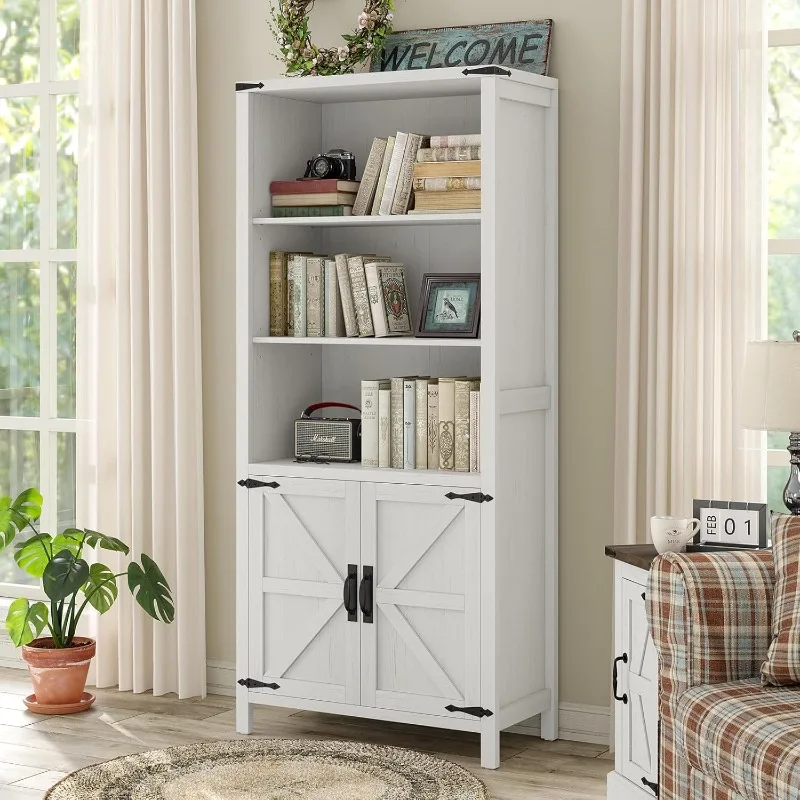 Farmhouse Bookcase and Bookshelf with Doors, 5-Shelf Bookcase Adjustable Bookshelf, Wood Bookcase Tall Storage