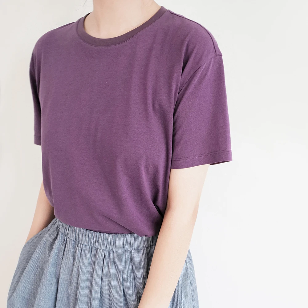 

Ультратонкая хлопково-льняная свободная базовая футболка с круглым вырезом и рукавом до локтя, оригинальный дизайн, цвет сливовый фиолетовый, повседневный женский топ