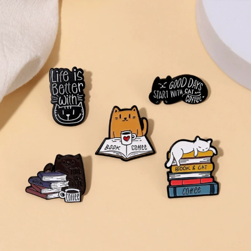 Cartoon Cute Cat Enamel Pins Black Fluid Cat French fries doughnut Brooches Lapel Badge Punk Animal Jewelry Gift for Friends
