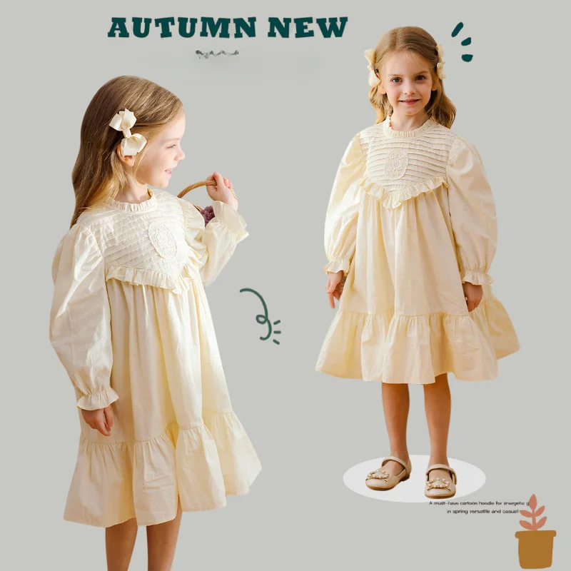 French Stand Collar Pleated Girls Dress Autumn New Long Sleeve Ruffled Edge  The Sweet Princess Dress 2 3 4 5 6 7 8 years old