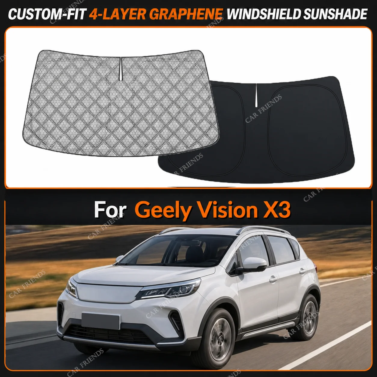 For Geely Vision X3 Custom-Fit 4-Layer Graphene Windshield Sunshade Reflective Gray-Silver Surface Helps Reduce Direct Sunlight