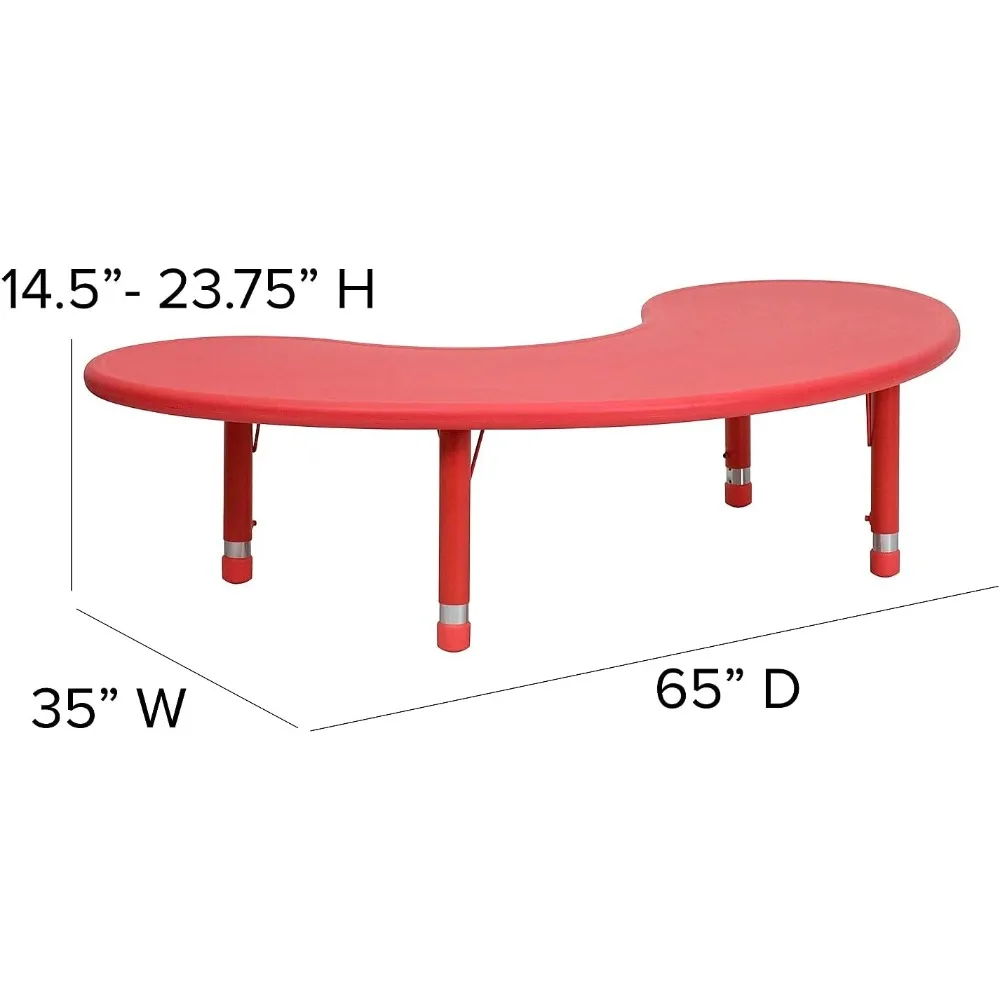 طاولة أنشطة قابلة للتعديل بارتفاع 35 بوصة عرض × 65 بوصة طول نصف قمر من البلاستيك الأحمر