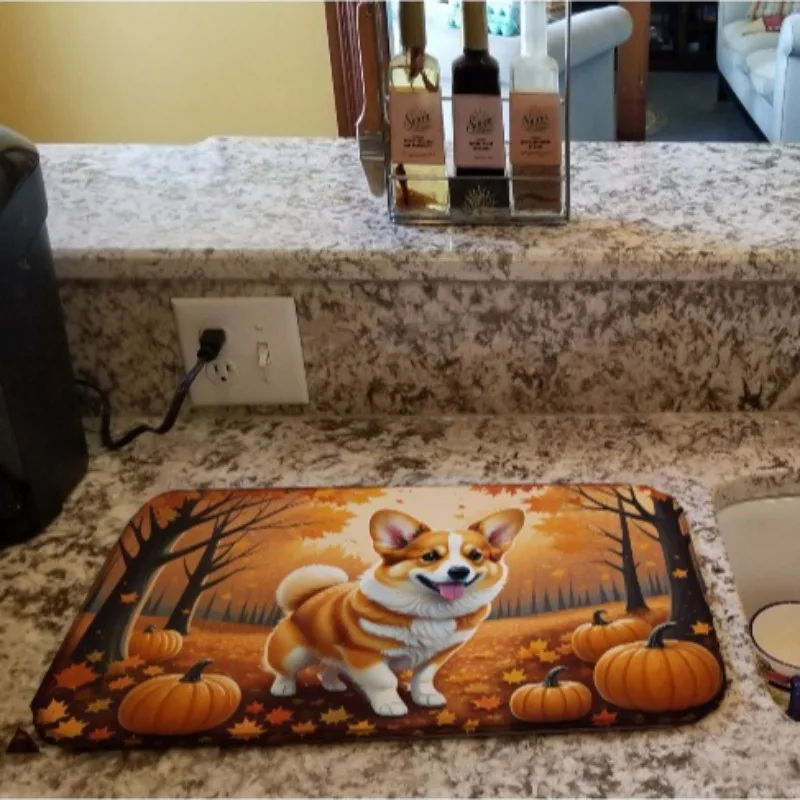 

Absorbent Multicolor Corgi Fall Dish Drying Mat 14x21 Inch Kitchen Counter Drainer Pad