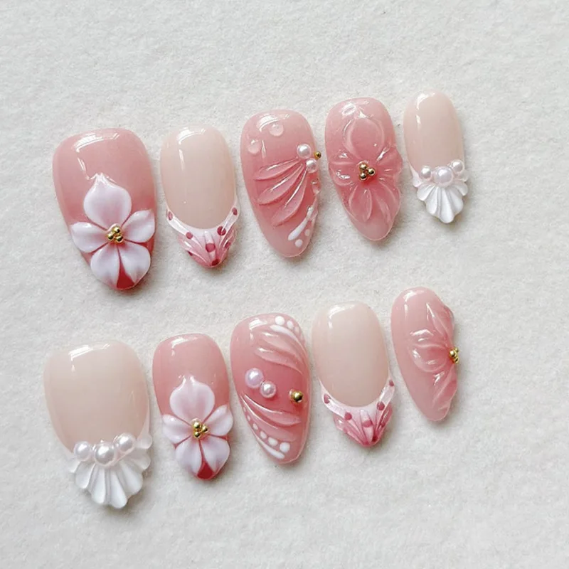

24PCS Sweet 3D Flower Almond False Nails Spring Summer Ripple Pink French Press on Nails with Pearl Fake Nails High Quality Tips