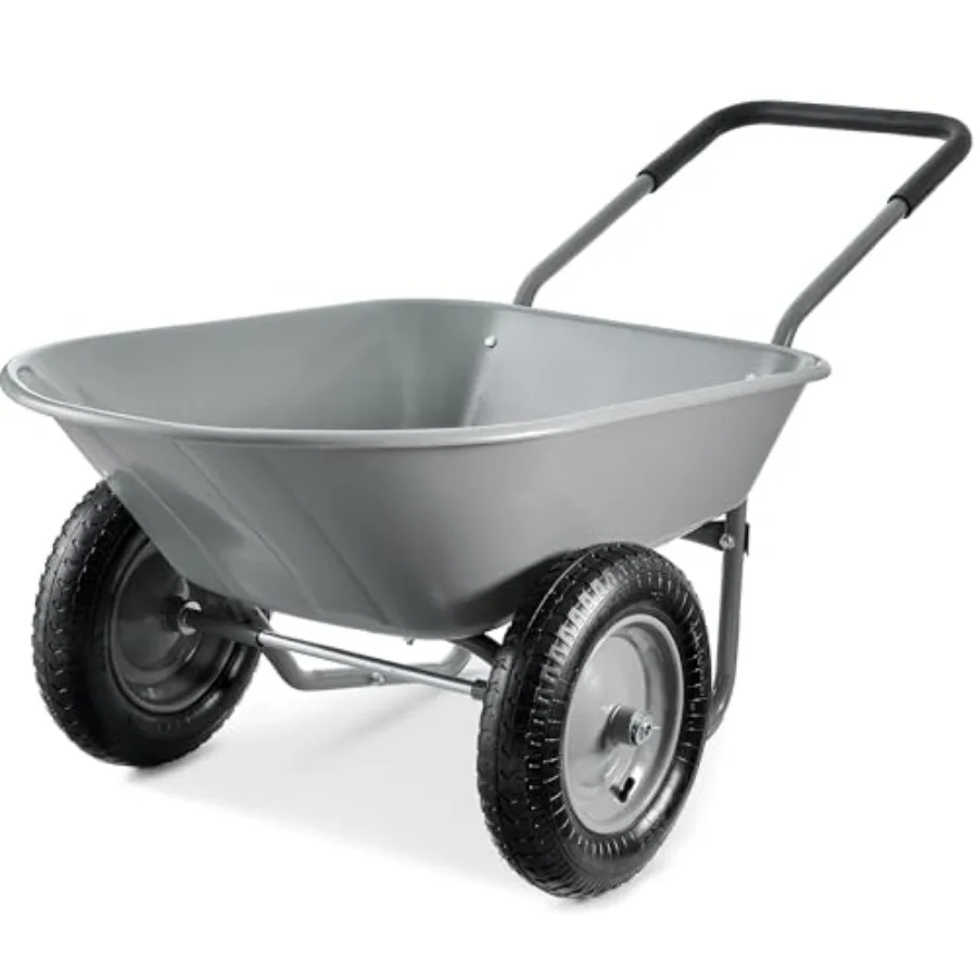 

Dual-Wheel Home Utility Yard Wheelbarrow Garden Cart w/Built-in Stand for Lawn, Gardening, Construction Steel Frame, Black, Hea