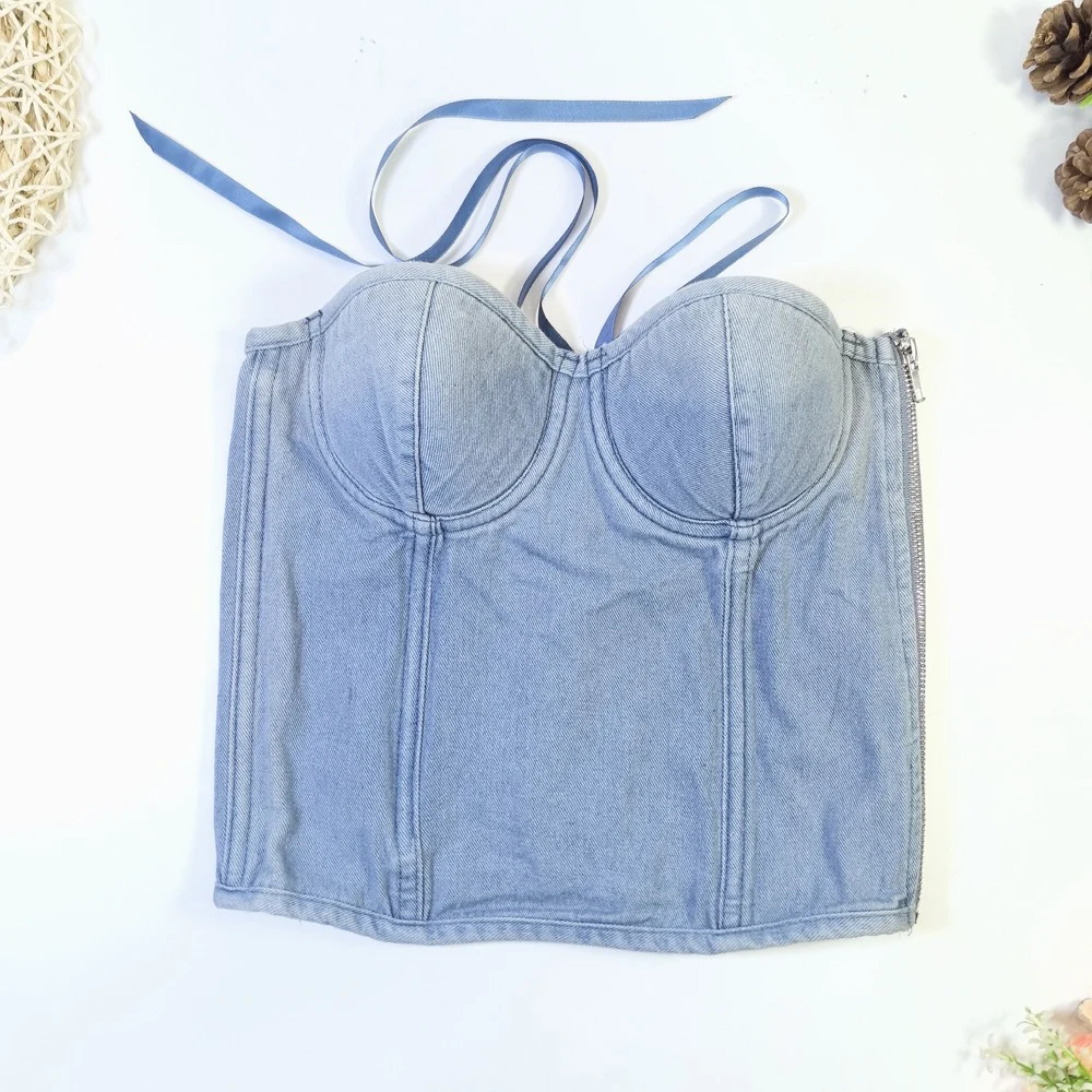 IRENE TINNIE 2024 Medium Long Women Strapless Blue Denim Crop Top Summer Sexy Push Up Wrap Bustier Padded Back Lace Corset