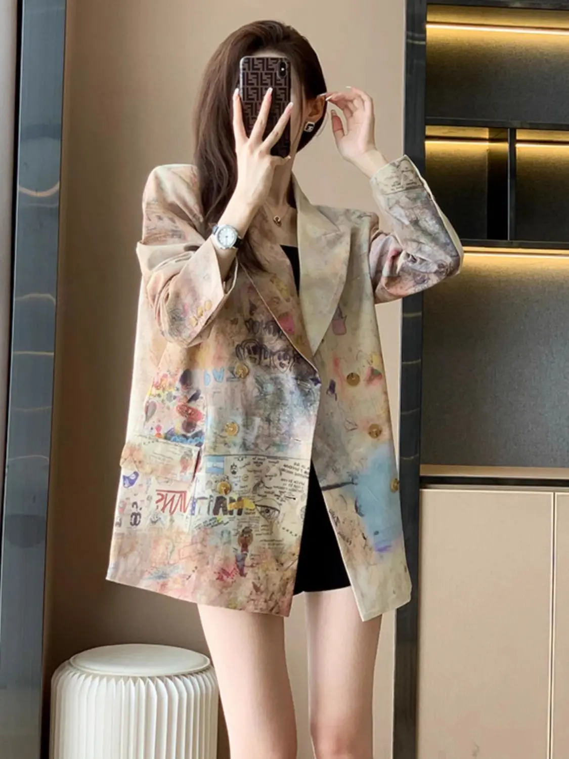 

EAEOVNI Women's Goddess Style Printed Suit Jacket, Temperament Jacket, Slim Fitting, Niche, High Street Fashion, New, 2024