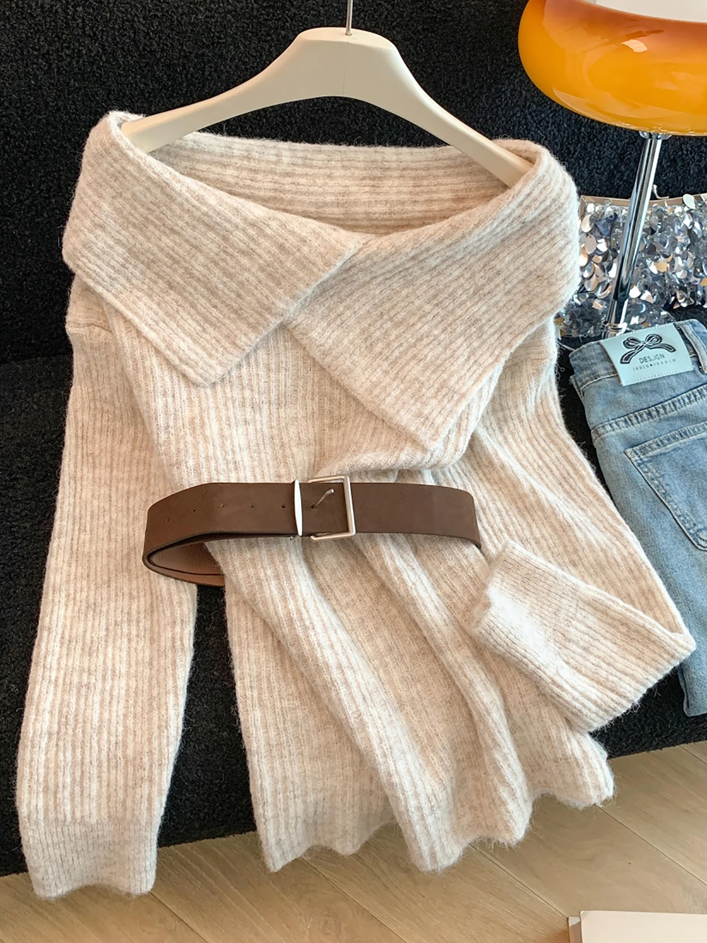 

Ele Autumn Winter One-oulder Sweater Women's Faionable Flip-Collar Knitwear Warm Soft Korean Sle Long Sve Top