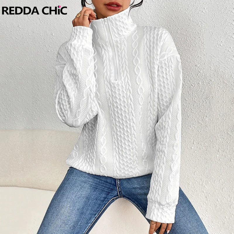 

REDDACHiC Cable Textured Women Pullover Hoodies Half-zip Drop Shoulder Solid Casual Twisted Sweatshirt Top Autumn OL Streetwear