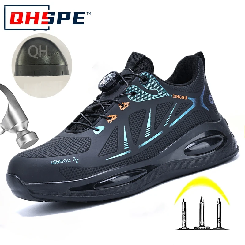 Men Summer Safety Shoes Rotating Button Lacing Anti Smash Puncture Proof Lightweight Breathable Slip Resistant Work Boots