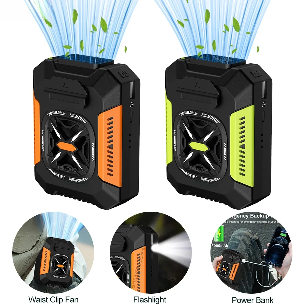 Portable Waist Clip Fan 5000mAh USB Rechargeable Fan Powerful Air Cooler Outdoor Camping Waist Fan with Power Bank LED Light