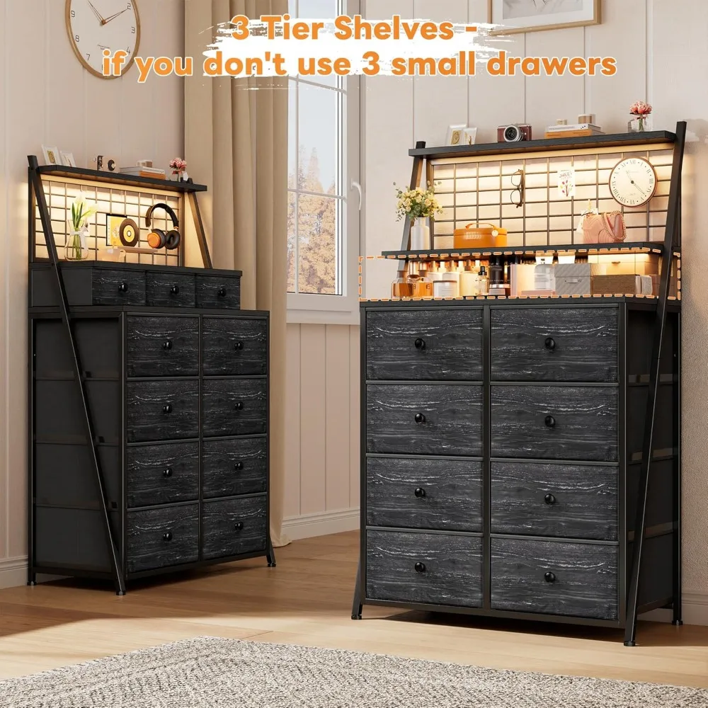 Cômoda alta preta de 51 "h para quarto com 11 gavetas e luzes LED, cômodas e cômodas para quarto, sala de estar, clos