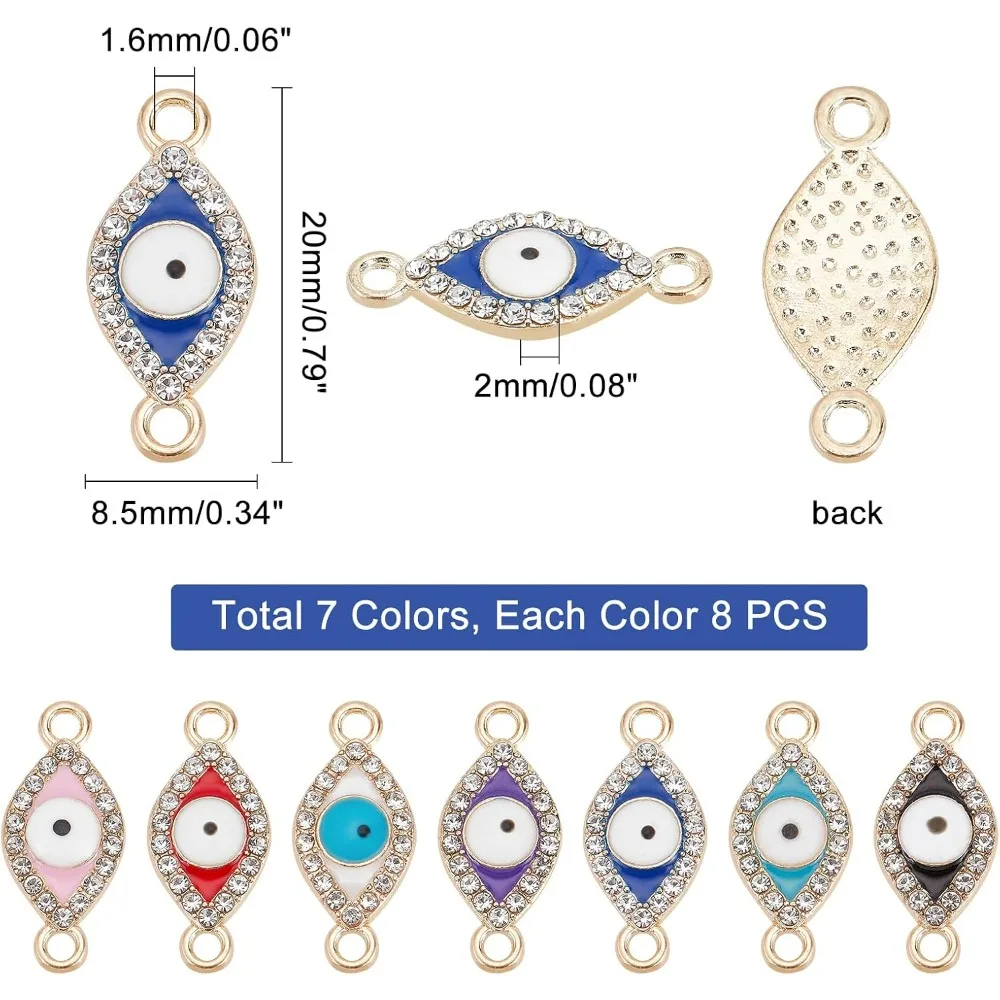 56Pcs 7 Colros Evil Eye Connector Charms Alloy Pendant Links Colorful Enamel Crystal Rhinestone Horse Eye Charms Lucky Pendants