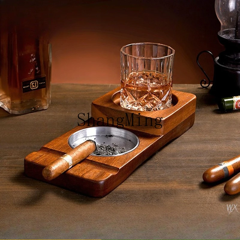 SM Whiskey Cup Holder Restaurant Bar Wooden Ashtray Cigar Ashtray Wine Glass Holder 2-in-1